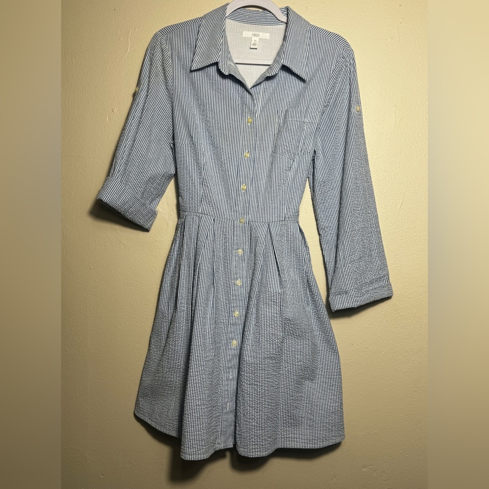 1901 Small Classic Blue White Stripe Button-Front Shirt Dress
